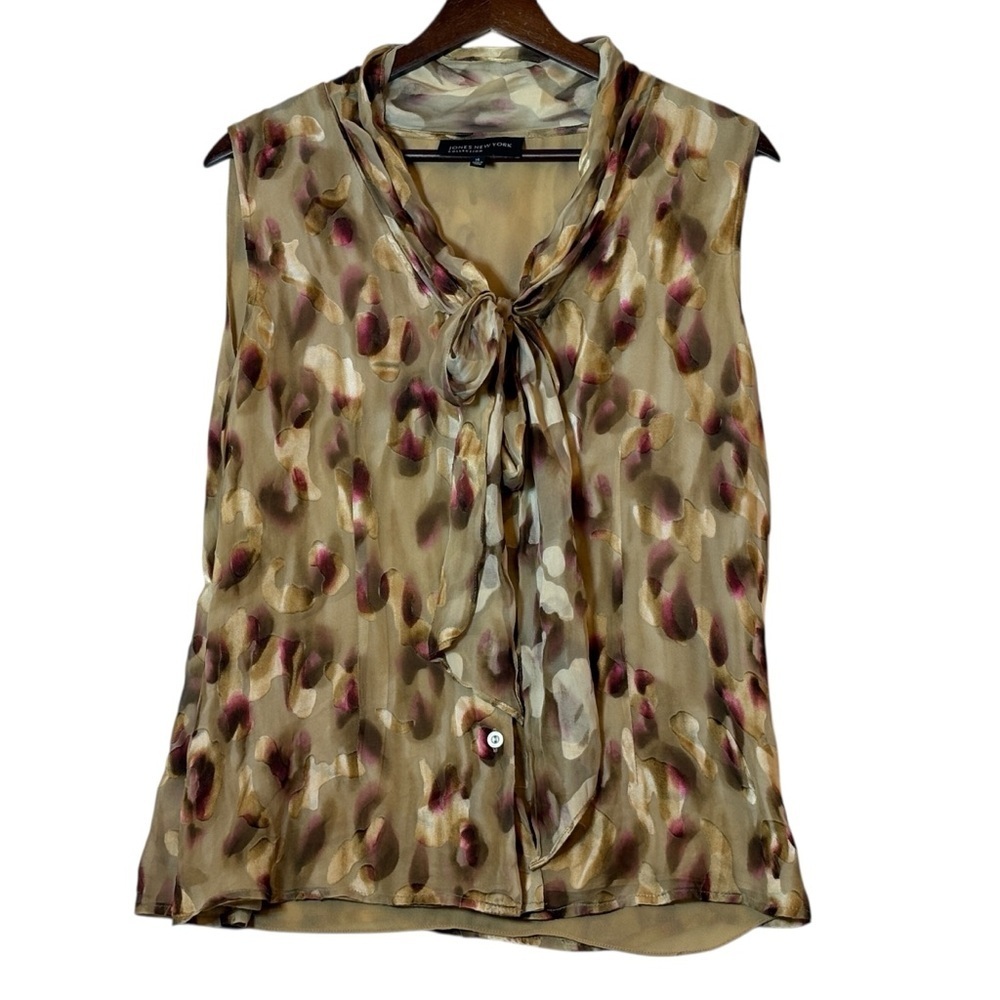Jones New York Tan and Brown Tie Front Blouse